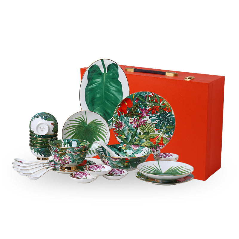 Tropical rainforest 28-piece bone china dinnerware set with red gift box