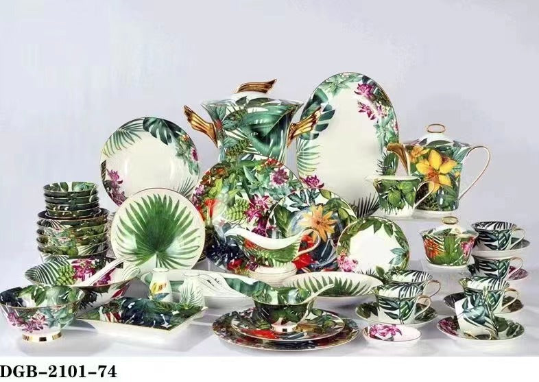 Complete tropical rainforest bone china dinner and tea service with botanical motifs