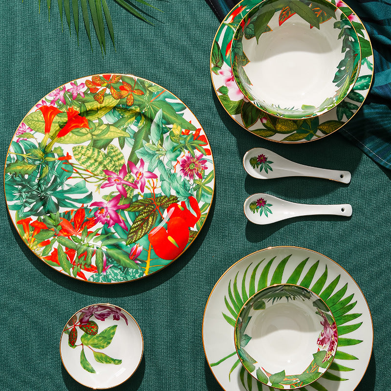 Tropical rainforest bone china plates bowls and spoons with palm leaf and floral motifs
