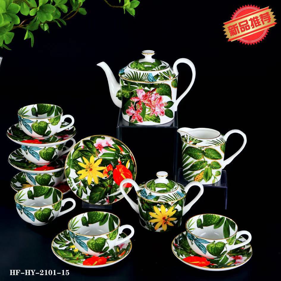 Green tropical botanical bone china teaware with cups saucers teapot and floral motifs