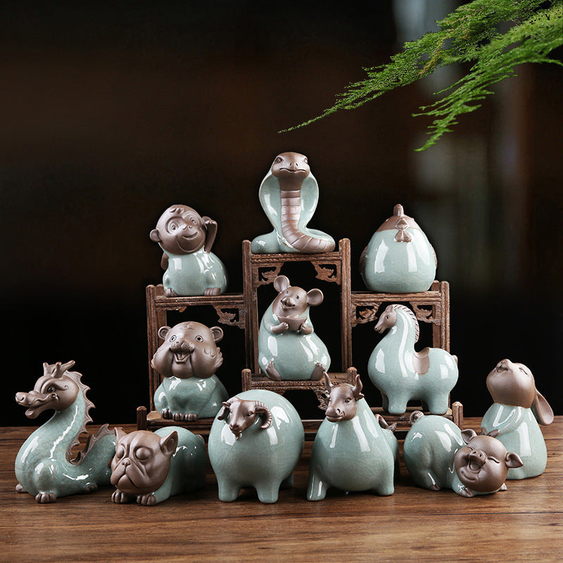 Complete twelve Chinese zodiac celadon tea pet figurine collection