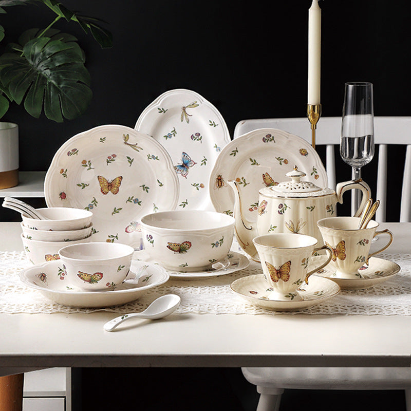 Vintage butterfly botanical ceramic tableware with plates bowls cups and teapot