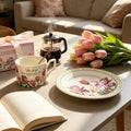 Vintage tulip ceramic coffee cup and saucer gift set with pink floral design and ribbon box