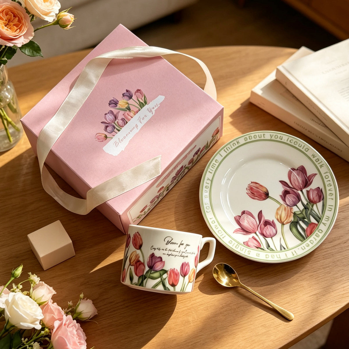 Pink tulip ceramic cup and saucer presented as an elegant coffee and tea gift