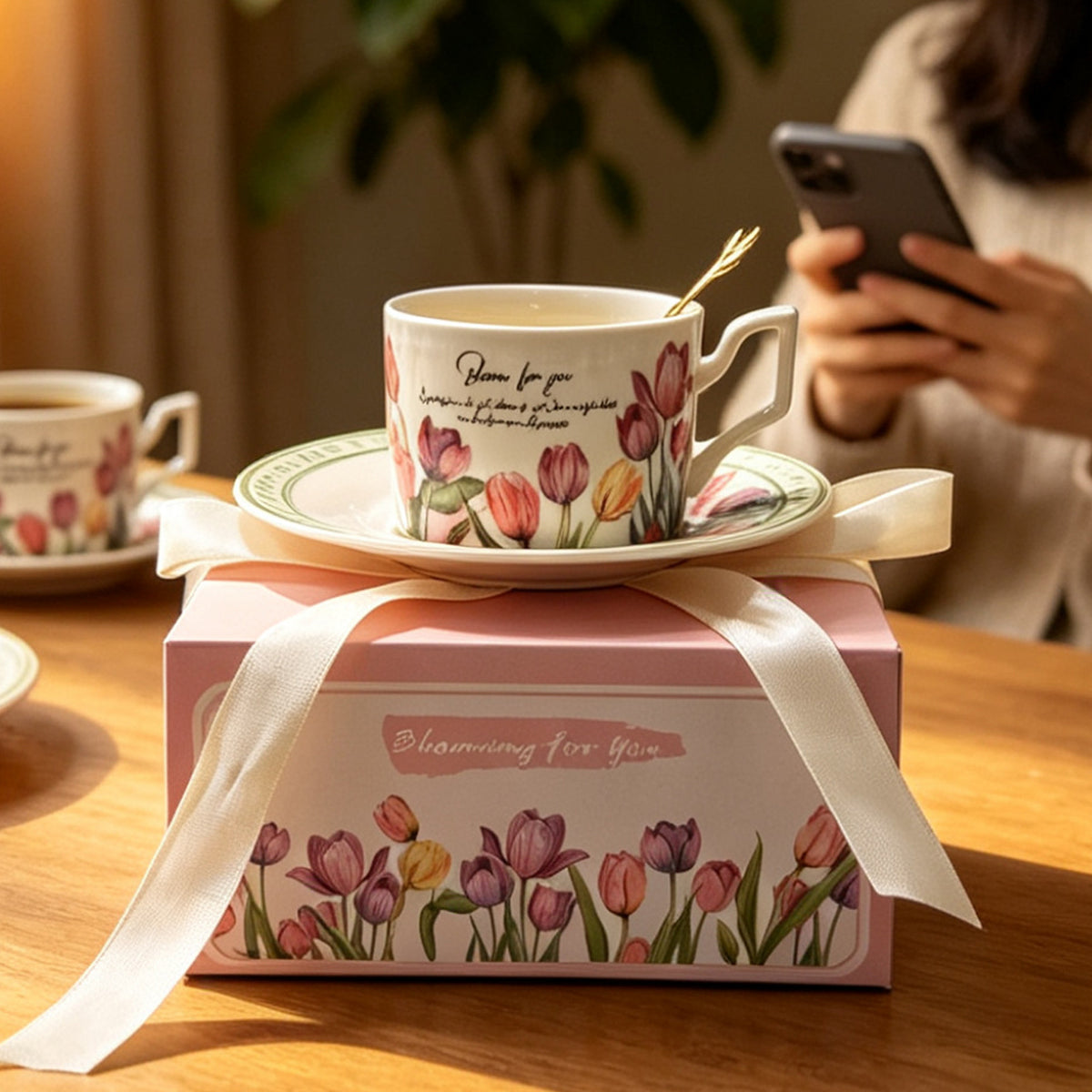 Tulip botanical ceramic coffee cup and saucer styled with romantic pink gift packaging