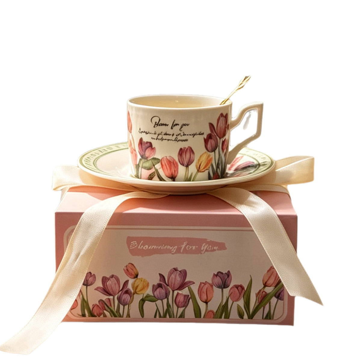 Vintage pink tulip ceramic coffee cup and matching saucer in gift-ready presentation