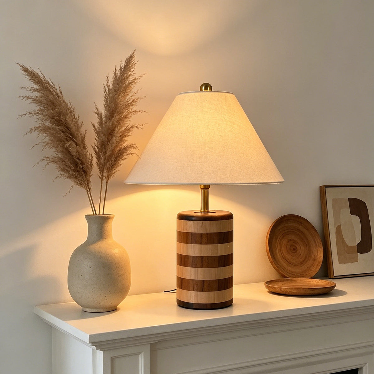 Striped walnut and beech wood table lamp styled with neutral ceramics