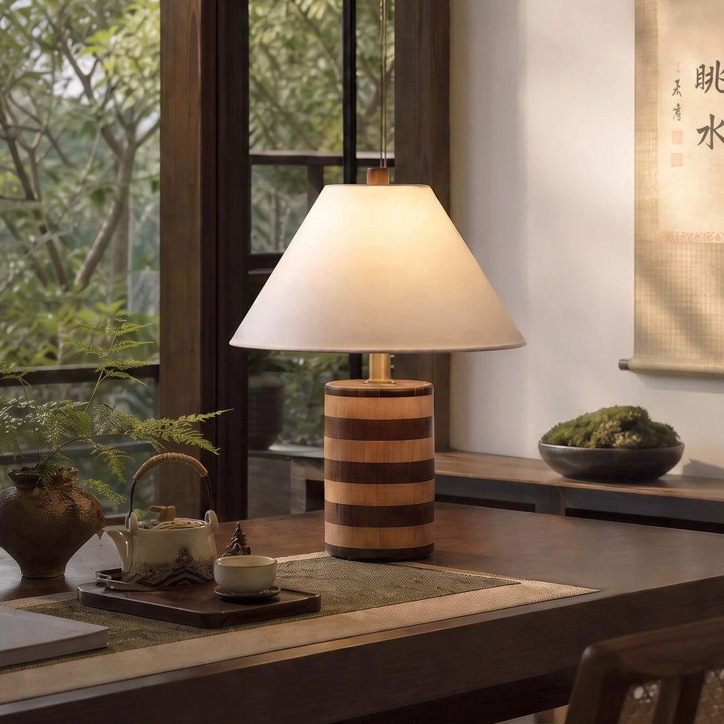 Walnut and beech striped table lamp styled in a New Chinese tea room