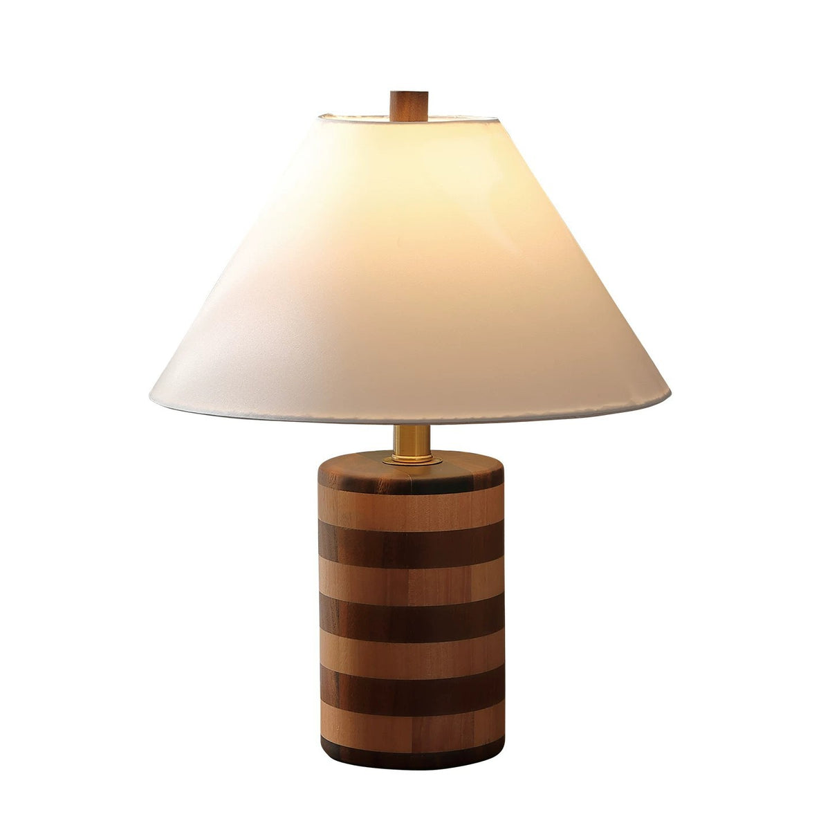 Striped cylindrical wood table lamp with warm fabric shade, clean product view