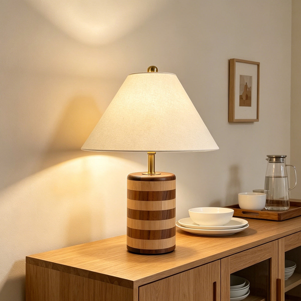 Walnut and beech column table lamp with cream shade on a wooden sideboard