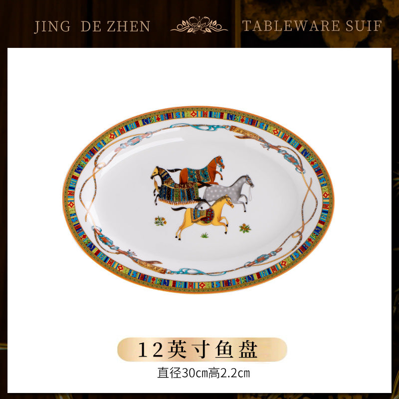 Wanma Benteng 12-inch oval horse motif bone china serving platter