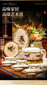Wanma Benteng Horse Motif Bone China Dinnerware Set – Jingdezhen-Style 18, 28 or 56-Piece Luxury Tableware