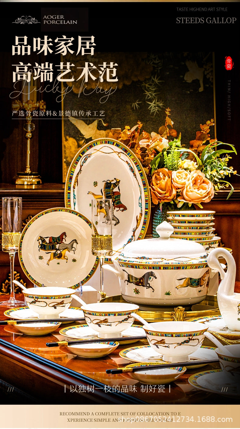 Wanma Benteng luxury horse motif bone china dinnerware set styled for formal dining