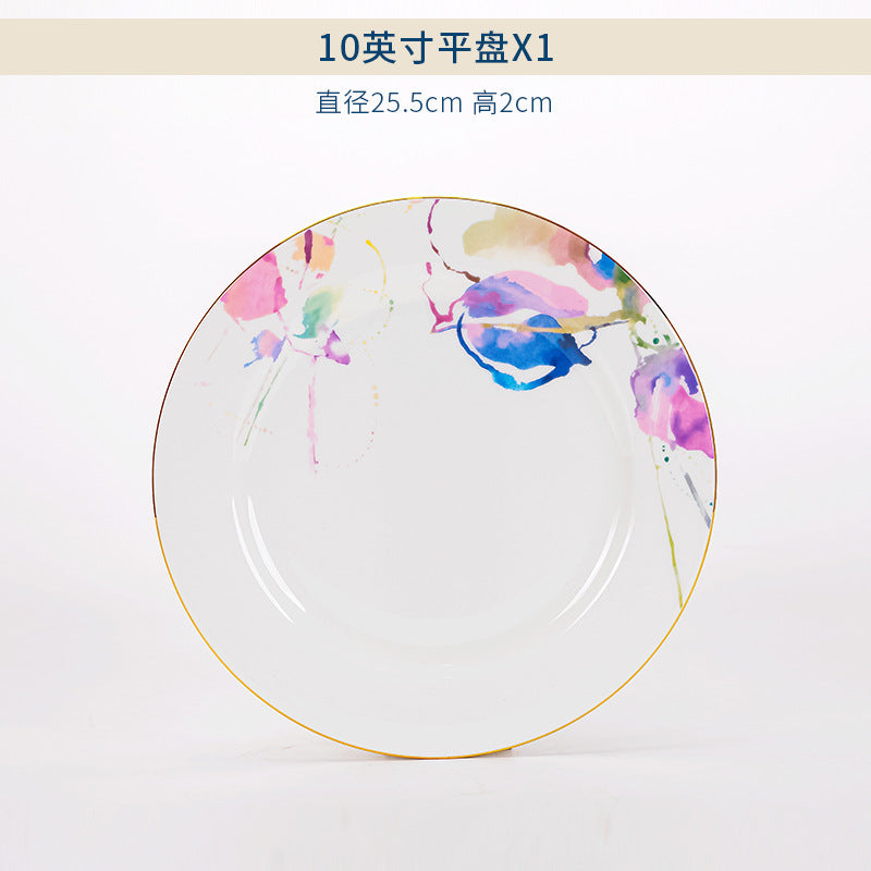 Watercolor floral bone china 10-inch flat plate with gold rim