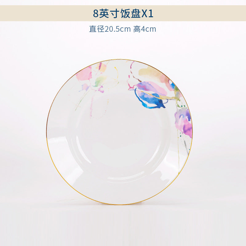 Watercolor floral bone china 8-inch rice plate with gold rim