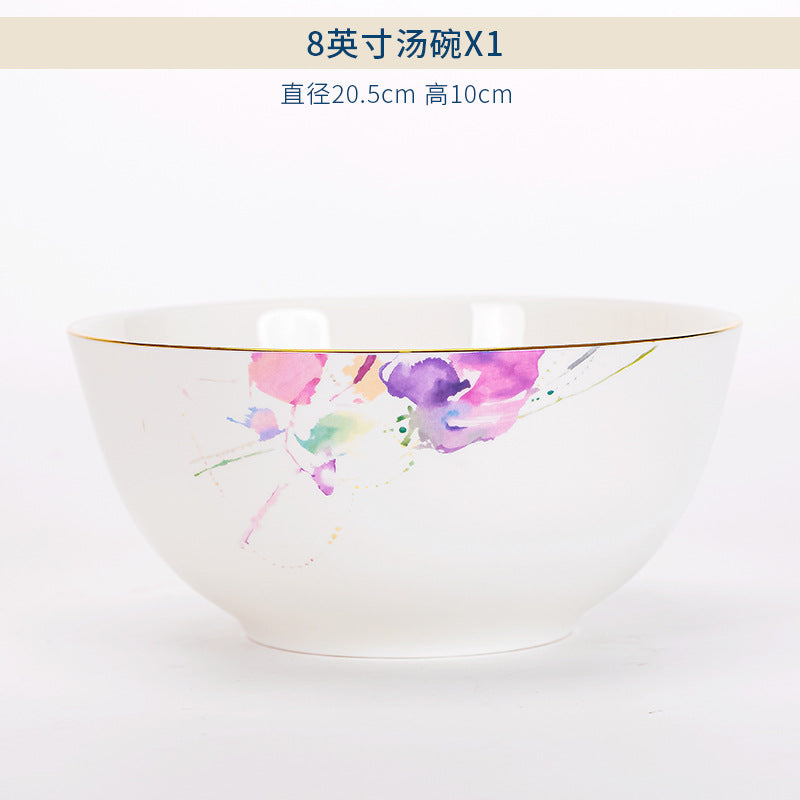 Watercolor floral bone china 8-inch soup bowl with gold rim