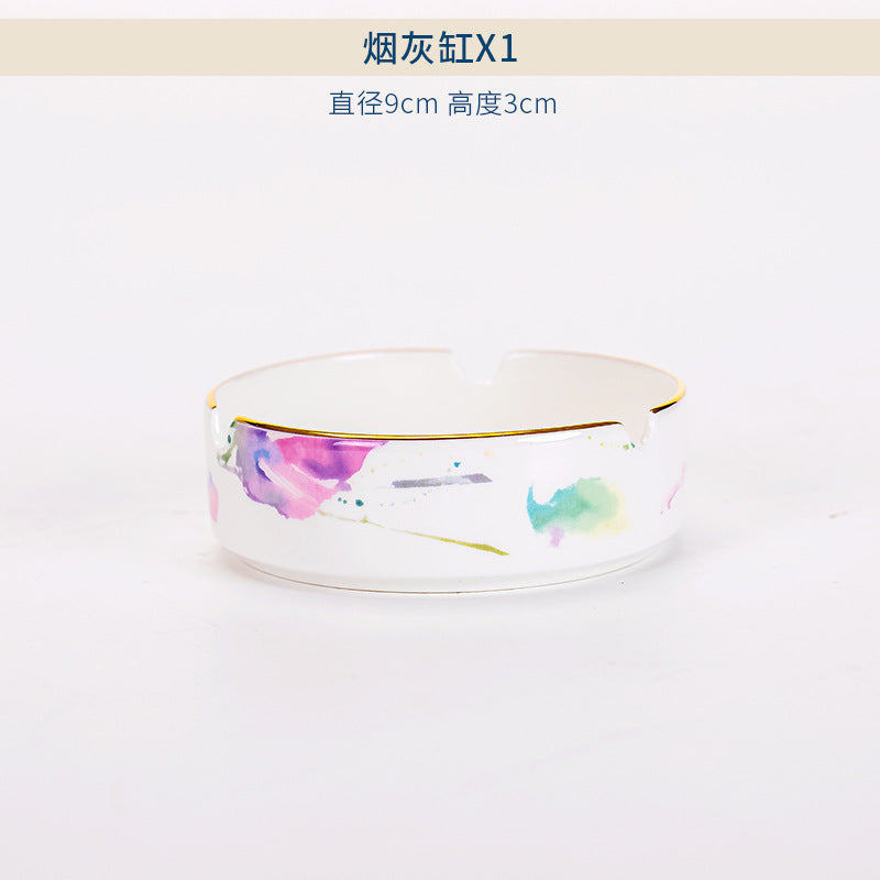 Watercolor floral bone china ashtray with gold rim