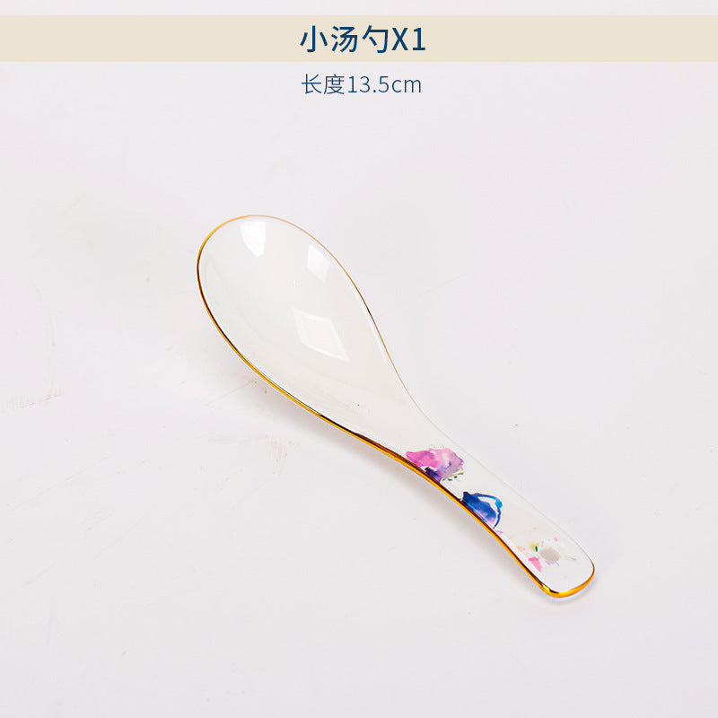 Watercolor floral bone china small soup spoon with gold edge