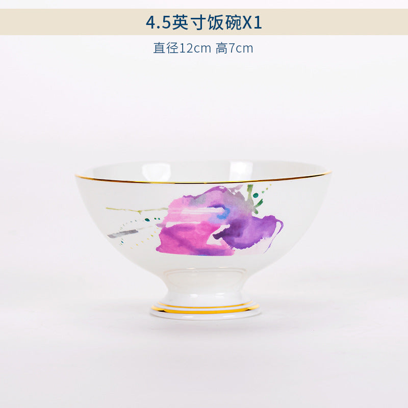 Watercolor floral bone china 4.5-inch rice bowl with gold rim