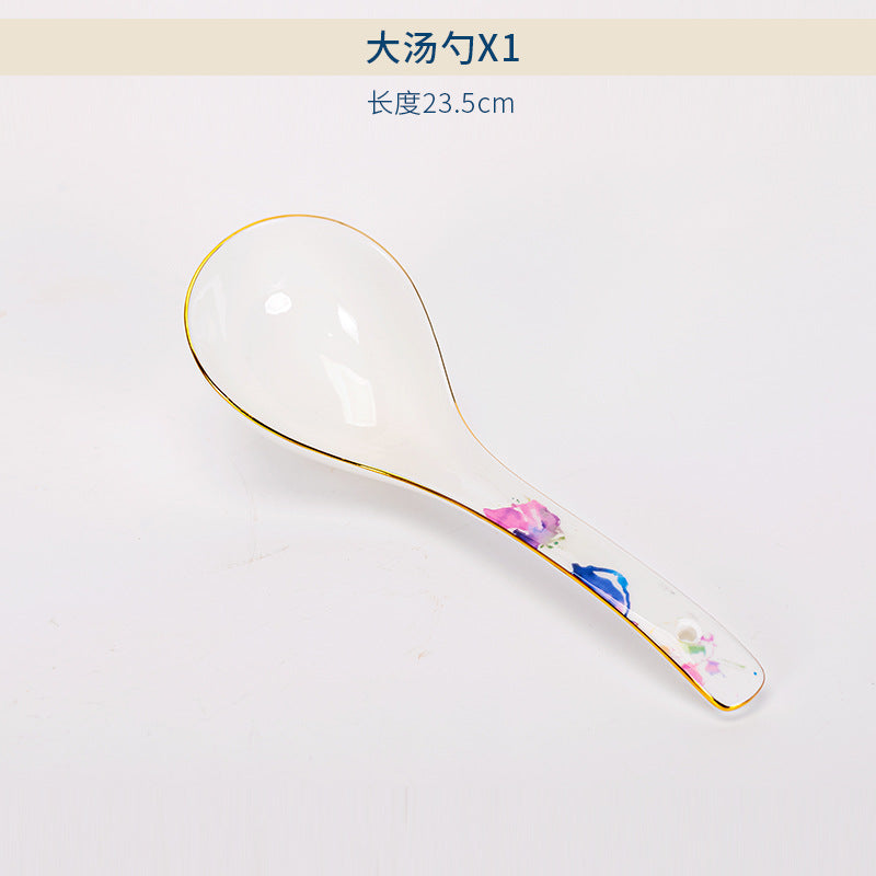 Watercolor floral bone china large soup spoon with gold edge