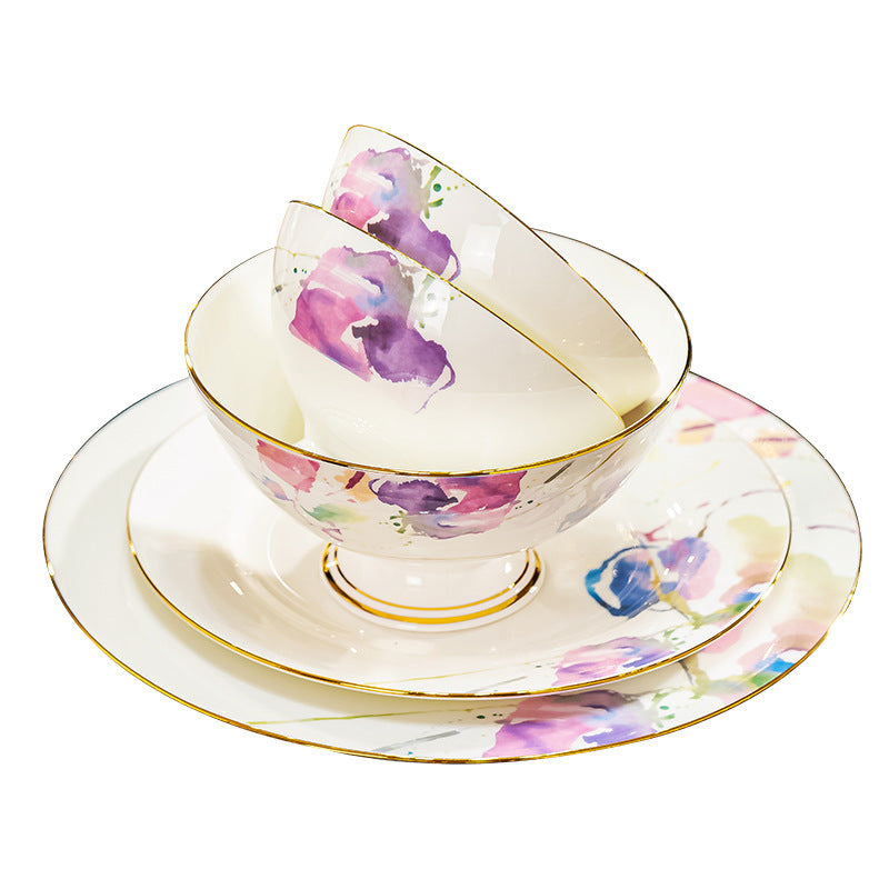 Watercolor floral bone china stacked bowl and plate place setting