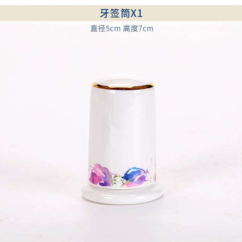 Watercolor floral bone china toothpick holder with gold trim