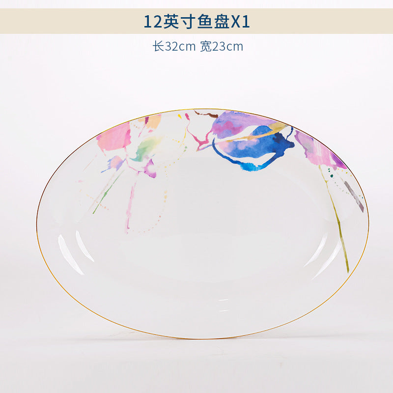 Watercolor floral bone china 12-inch fish platter with gold rim