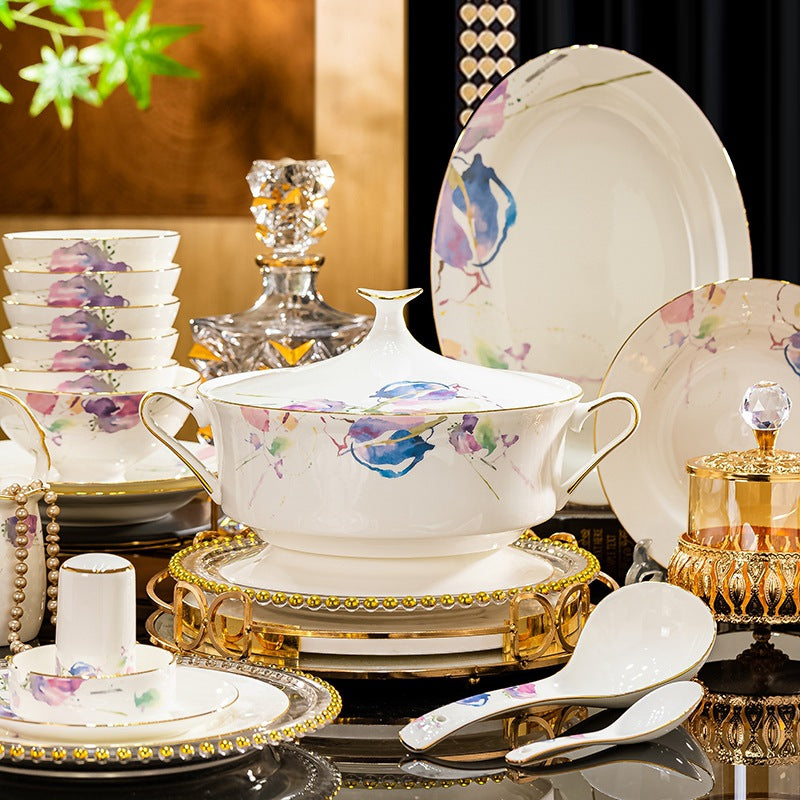 Watercolor floral bone china serving bowl and plate lifestyle display