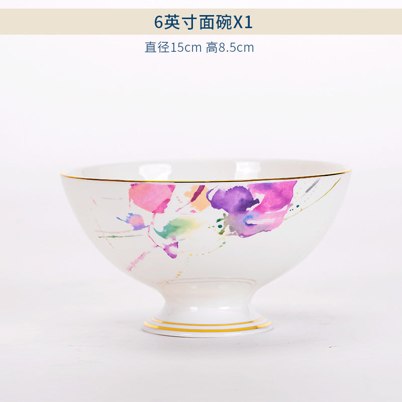 Watercolor floral bone china 6-inch noodle bowl with gold rim