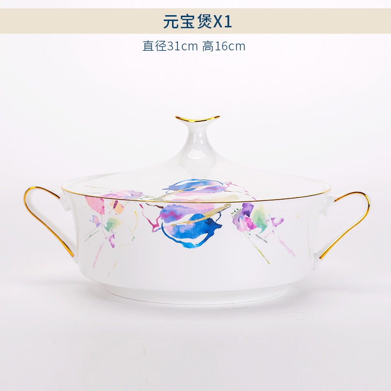 Watercolor floral bone china yuanbao casserole serving tureen with gold trim