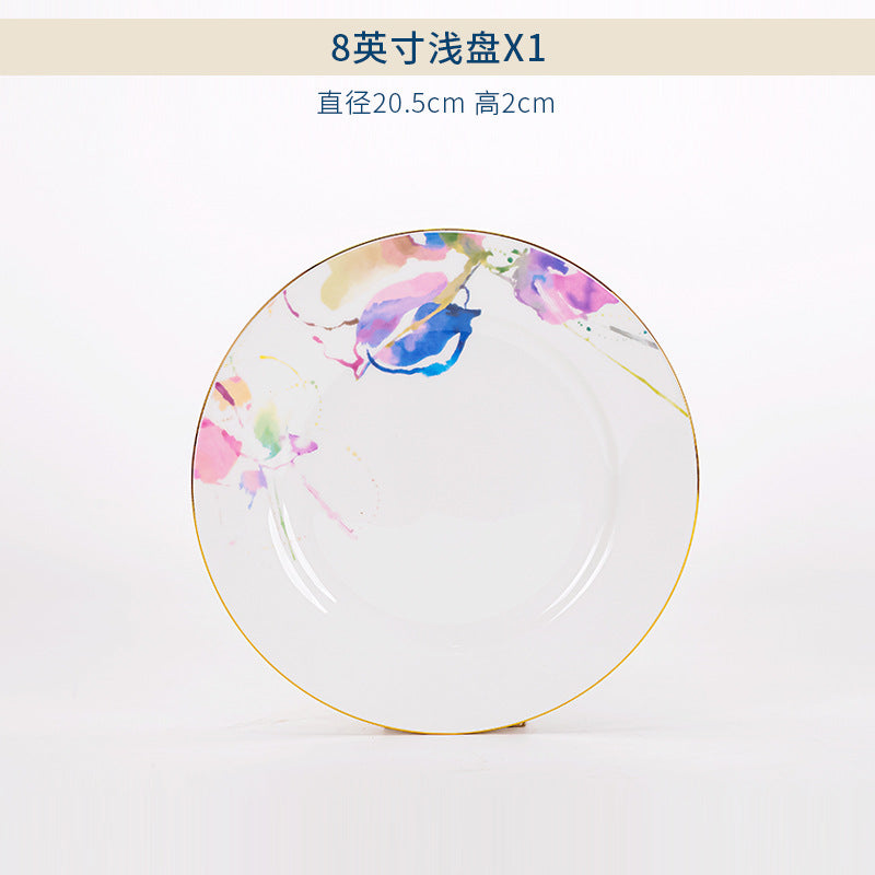 Watercolor floral bone china 8-inch shallow plate with gold rim