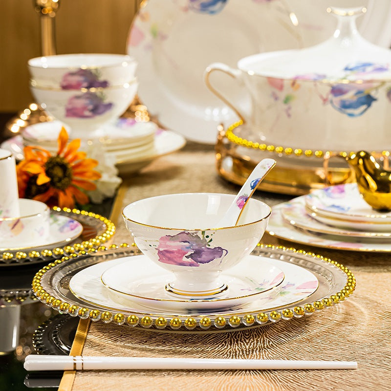 Watercolor floral bone china tableware lifestyle setting with gold trim