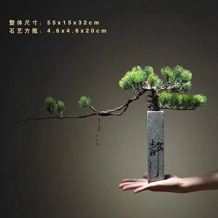 Welcoming Pine stone column bonsai decor shown at hand scale