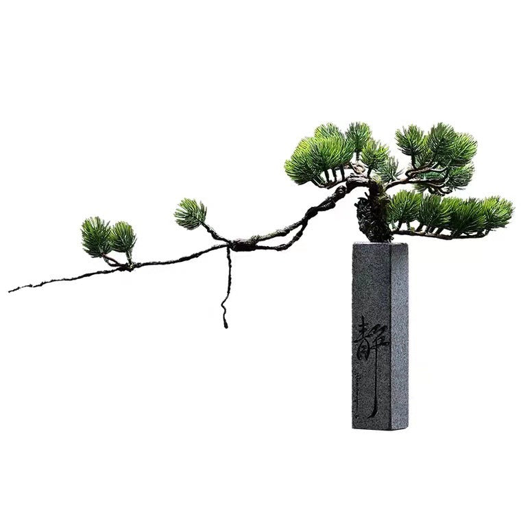 Welcoming Pine stone column bonsai sculpture on white background