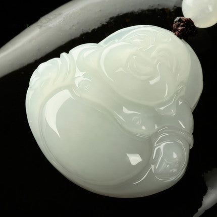 Natural white Hetian jade Maitreya Buddha pendant close-up detail