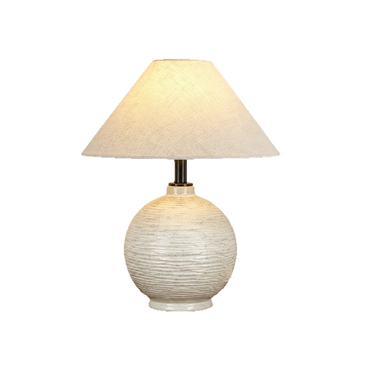 White ceramic orb table lamp with hand-textured horizontal surface and tapered fabric shade