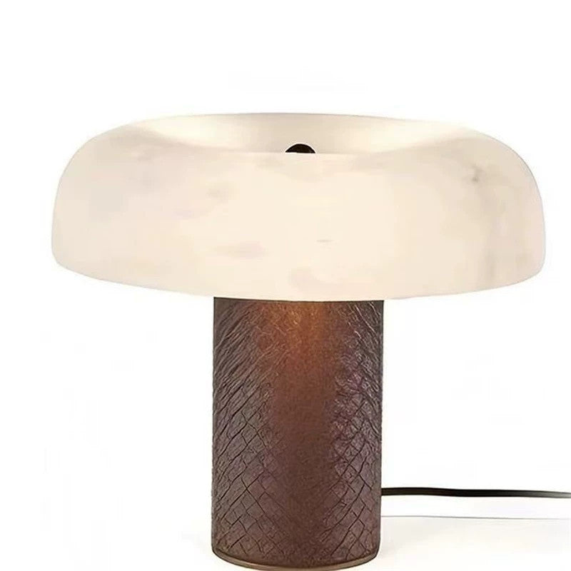 Postmodern faux alabaster resin dome lamp with dark brown woven-texture cylindrical base