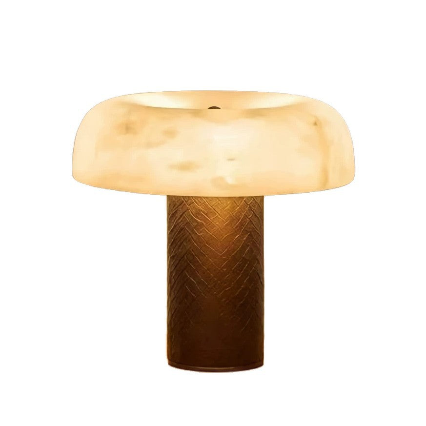 Warm illuminated faux alabaster dome lamp with brown woven-texture base