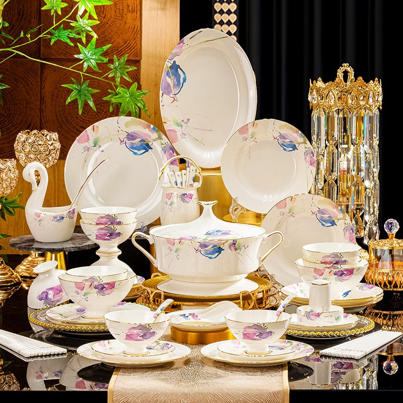 Xunmengyuan watercolor floral bone china dinnerware set with ivory porcelain purple and blue flowers