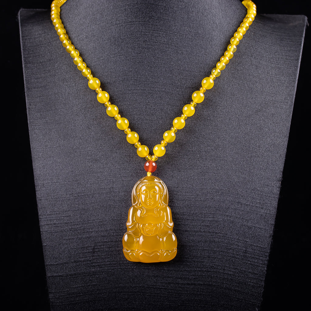 Certified natural golden yellow chalcedony Guanyin pendant with polished seated lotus carving