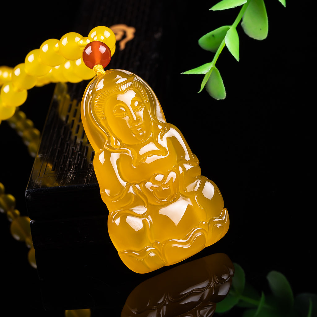 Natural yellow chalcedony Guanyin necklace pendant with round bead strand