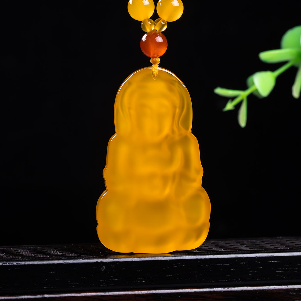 Certified yellow chalcedony Guanyin amulet detailed lotus carving