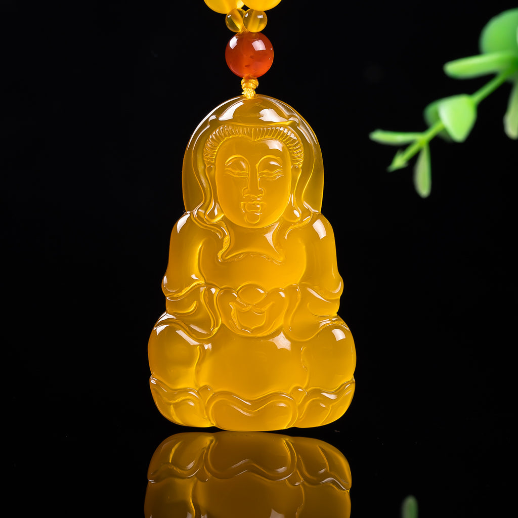 Golden chalcedony Guanyin pendant premium polished religious jewelry