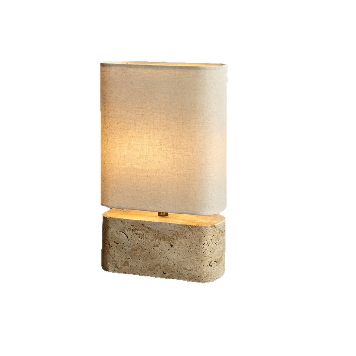 Yellow travertine oval base table lamp with tall cylindrical fabric shade